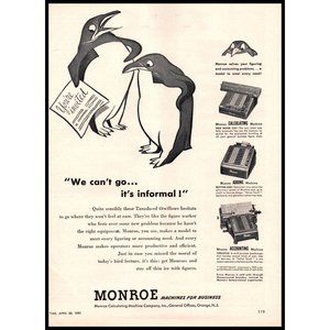1951 Monroe Adding Machines Vintage Print Ad Penguins Formal Wear Wall Art